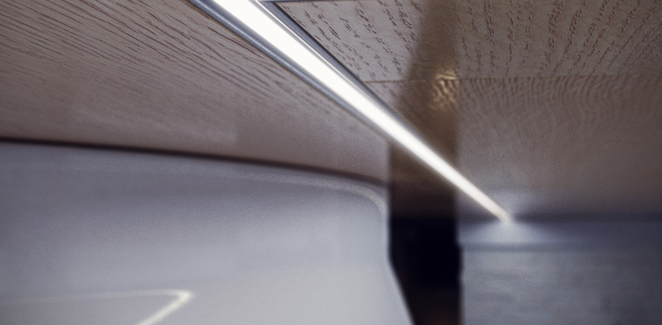 Ledstripsen fresset inn i bunnen av benken Buet Mediabenk VEGA - heltre eik - Bilde 10